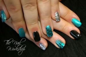 Gelish green and Black with Feathers