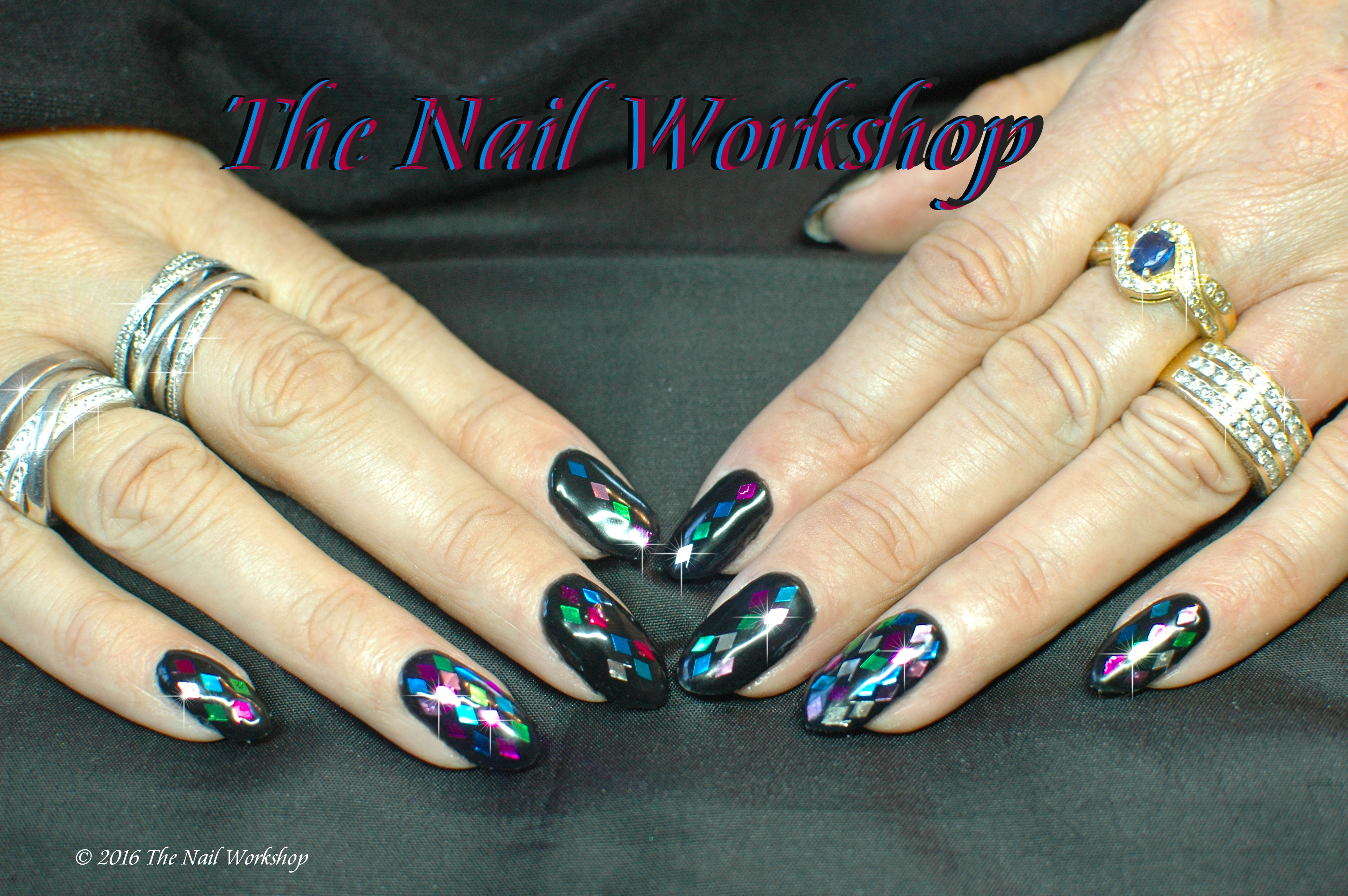 Gel II Midnight Black with Diamond Glitter Pieces Black Pink Blue Green Lilac The Nail Workshop Sparkle Nail Designs Nail Art Gel Polish